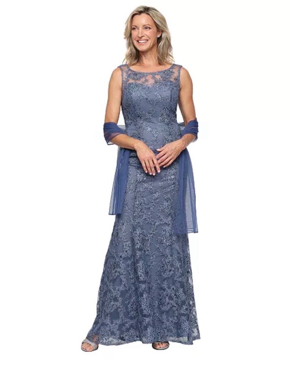 Alex Evenings Dusty Blue Lace Beaded Maxi Gown SASH NOT INCLUDED